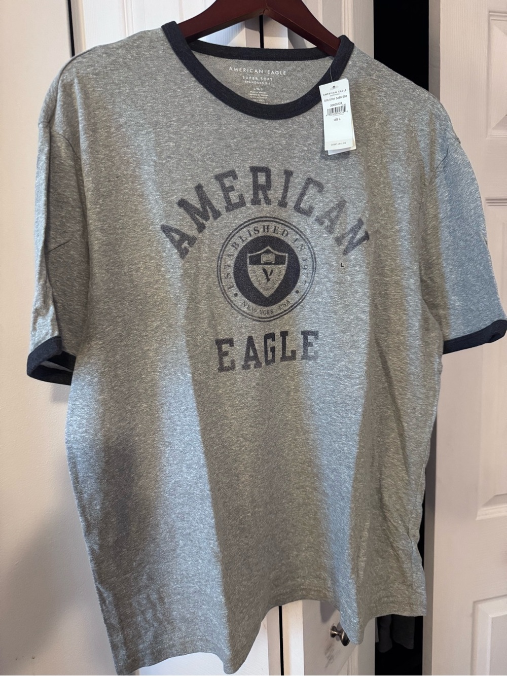 American Eagle Outfitters Heather Gray Ringer Logo Tee with Dark Trim